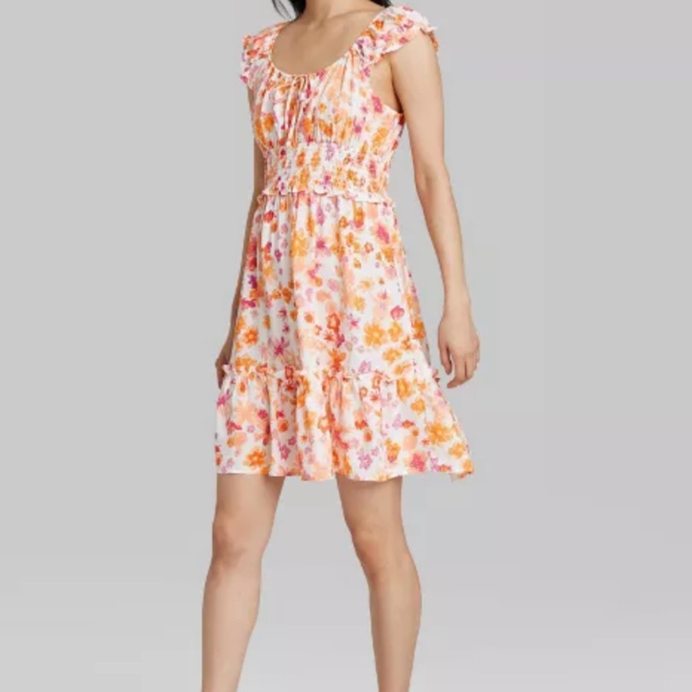 Wild Fable XXL Floral Orange Dress Smocked Waist Puff Sleeve Ruffle Trim EUC